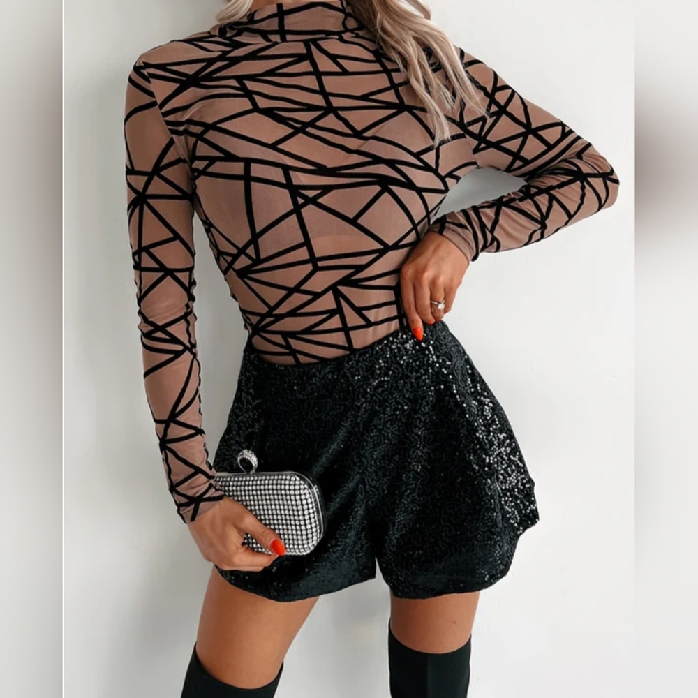NWT-Miss Sassy Geometric Mesh Bodysuit (Coffee) - LARGE